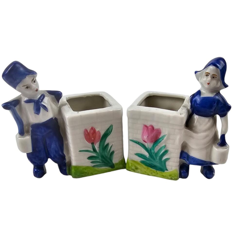 Vintage Japan Dutch Blue & White‎ Dutch Children 3'' Planters. Tulips,